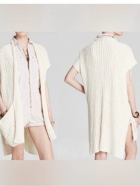 Free‎ People Beachy Cream Sloppy Pocket Ribbed Open Front Long Line Cardigan M